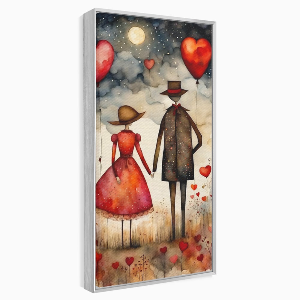Tablou canvas cu ilustratie cu cuplu si baloane rosii in forma de inima, in rama de aluminiu argintiu